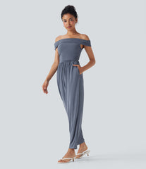 Off Shoulder Back Zipper Casual Jumpsuit with Pockets-Easy Peezy