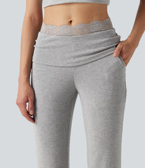 High Stretch Ribbed Knit Lace Mid Rise Flare Casual Pants with Pockets