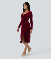 V Neck Long Sleeve Ruched Velvet Midi Casual Dress