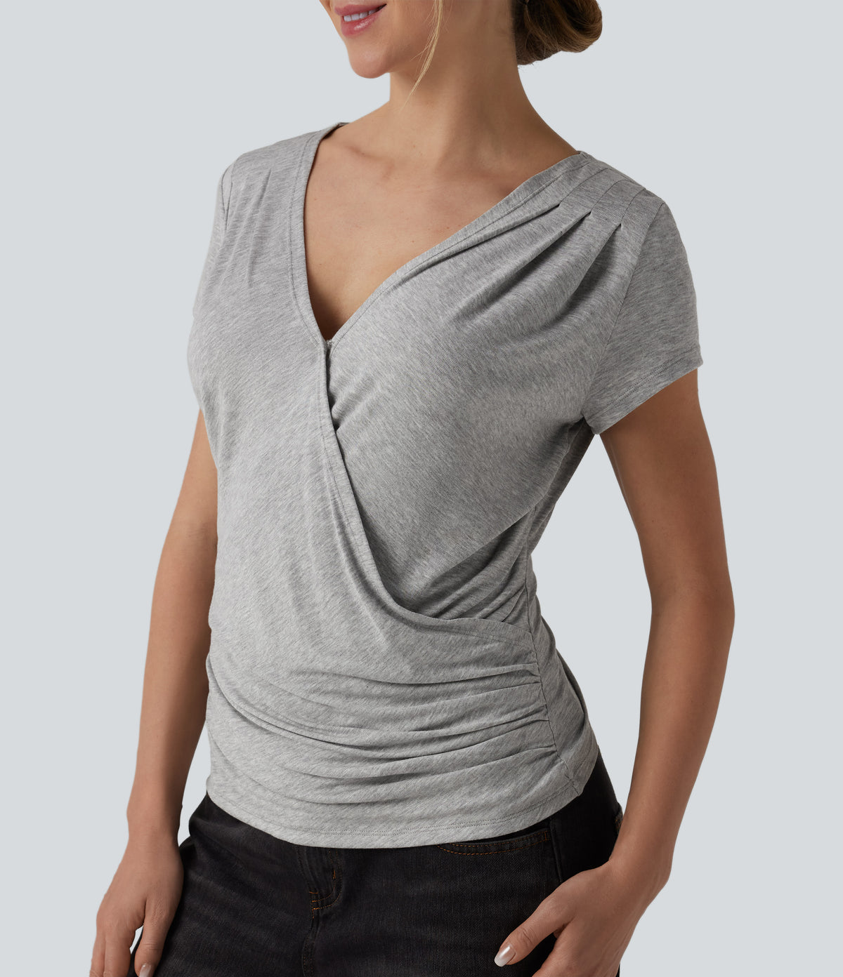 Ribbed V-neck Short Sleeve Snap Button Crossover Ruched Casual Heathered Top