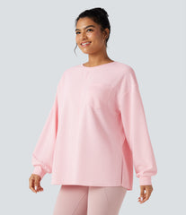 Round Neck Long Sleeve Split Hem Waffle Oversized Casual Sweatshirt with Pockets