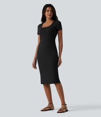 Ribbed Knit Henley Short Sleeve Midi Bodycon Mermaid Casual Dress