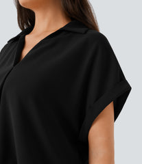 V Neck Short Sleeve Curved Hem Work Shirt