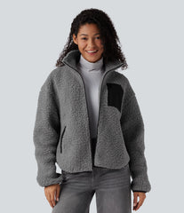 Turtleneck Long Sleeve Casual Sherpa Jacket with Pockets