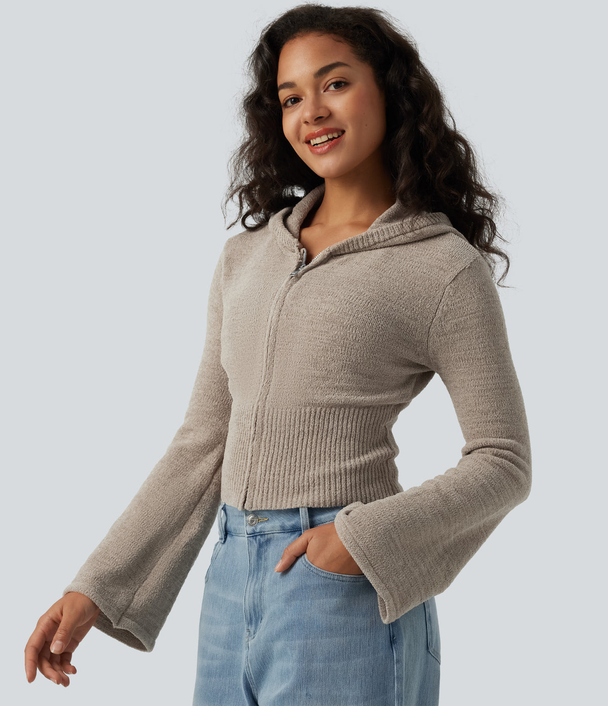 Hooded Flounce Sleeve Zip Fly Casual Cardigan