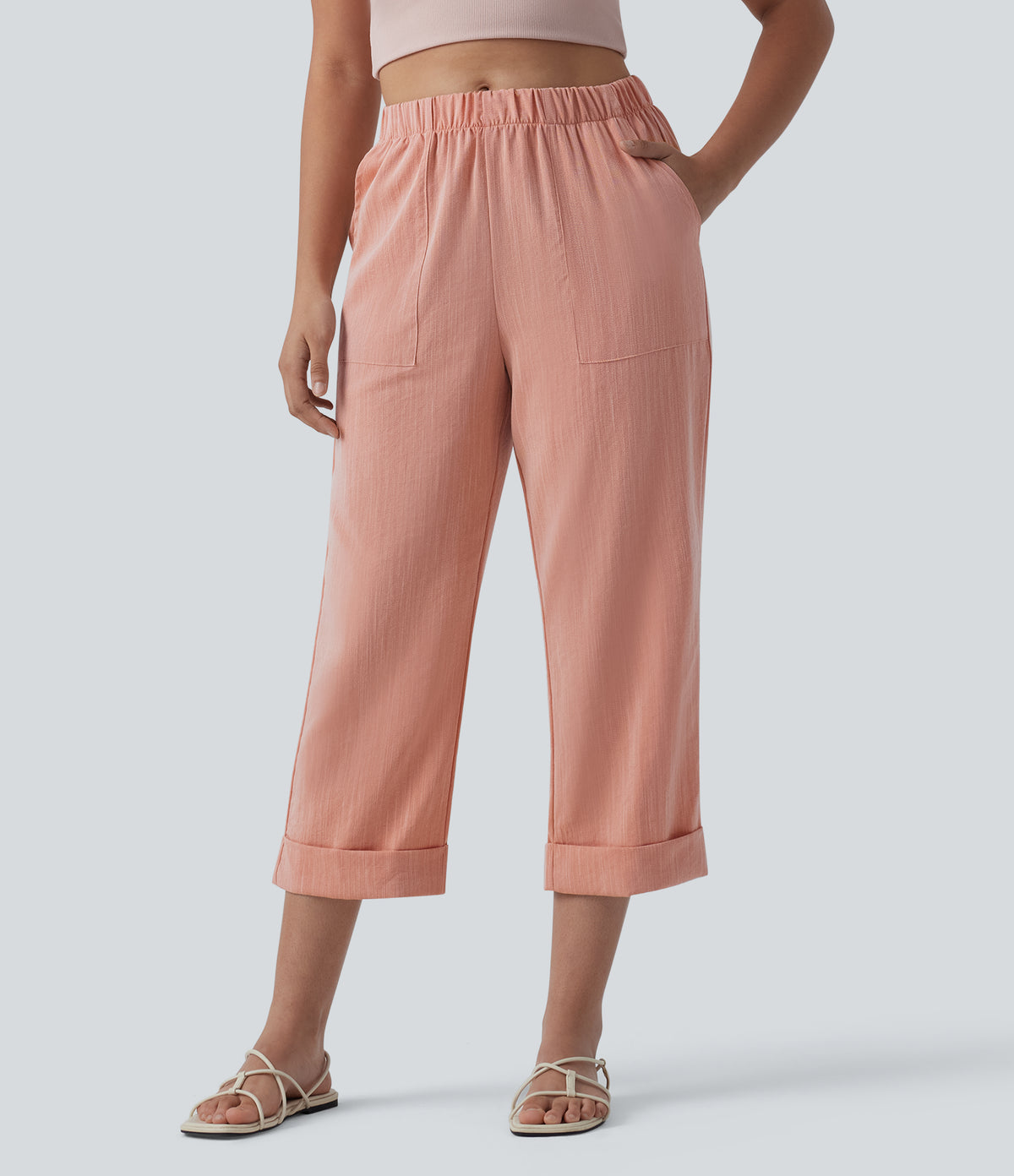High Waisted Straight Leg Cropped Casual Linen-Feel Pants with Pockets