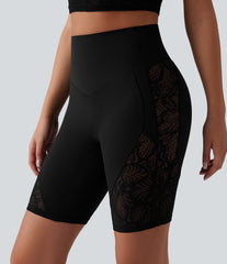 Halara UltraSculpt™ High Waisted Tummy Control Contrast Lace Yoga Biker Shorts 9'' with Pocket