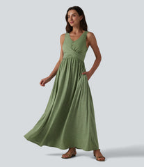 U-neck Sleeveless Crossover Maxi Casual Flowy Dress with Pockets