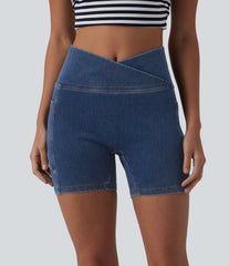 Halara Flex™ Crossover High Waisted Tummy Control Denim Casual Skinny Shorts 5'' with Pockets