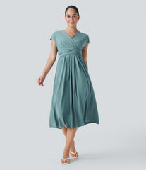 Breezeful™ V Neck Short Sleeve Pocket Tie Back Quick Dry Midi Casual Dress
