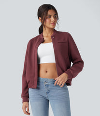 SpacerTek™ Rounded Neck Long Sleeve Casual Bomber Jacket with Pockets