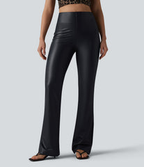 High Waisted Bootcut Stretchy PU Casual Pants with Pockets