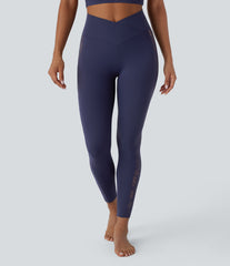 SoftlyZero™ High Waisted Crossover Contrast Lace Built-in Underwear Yoga Leggings with Pocket-UPF50+