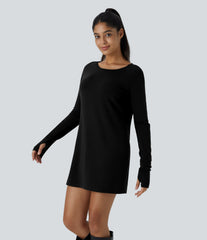 Raglan Long Sleeve Thumb Hole Thermal Mini Casual Dress