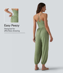Crisscross Backless Sleeveless Built-in Bra Heathered Casual Jumpsuit with Pockets-Easy Peezy