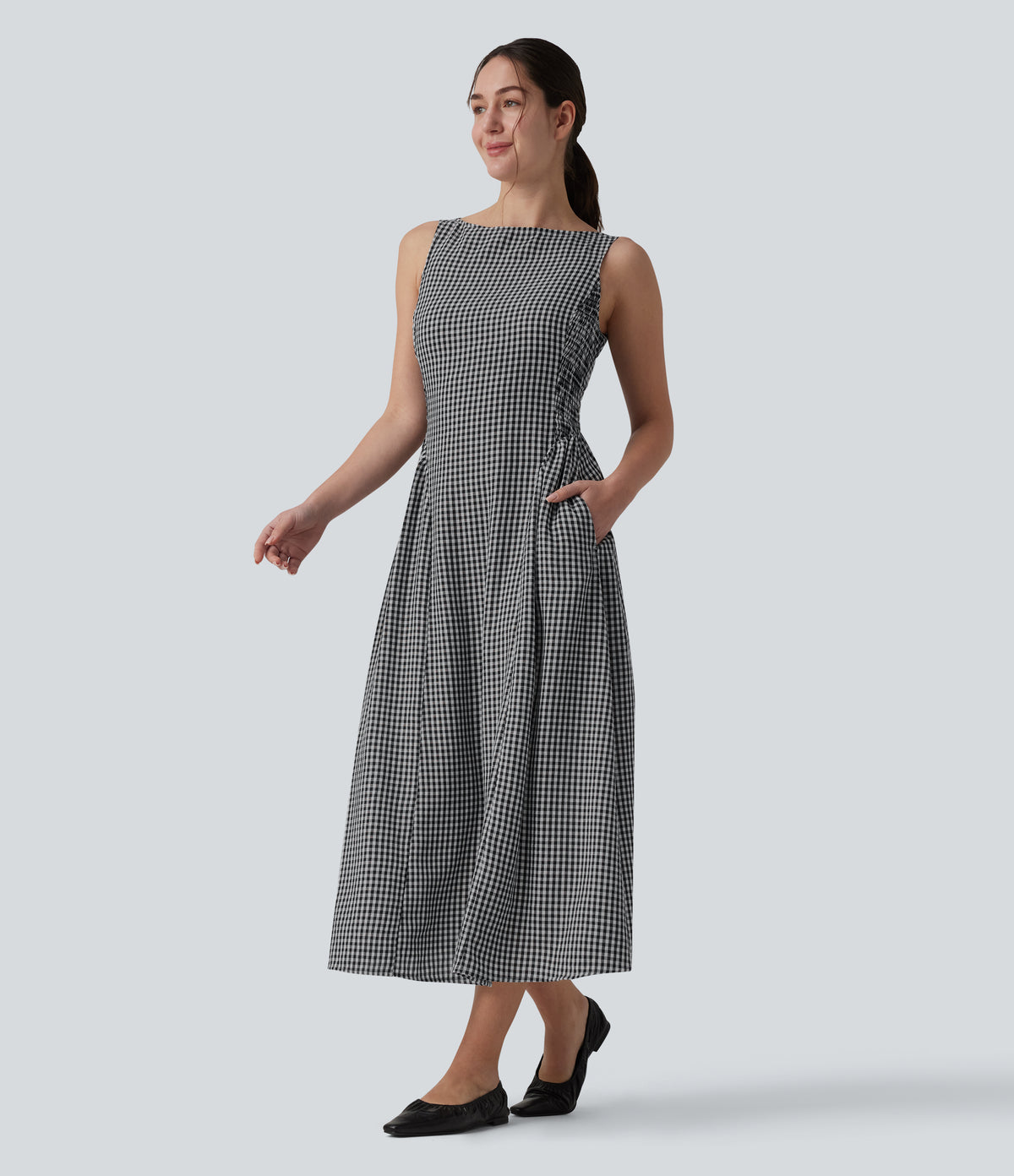 Boat Neck Sleeveless Plaid Flowy Maxi Casual Linen-Feel Dress with Pockets