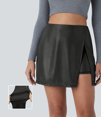 SoftlyZero™ Faux Leather High Waisted Hem 2-in-1 Pocket Sparkle Foil Print Stretchy Bodycon Mini Skirt