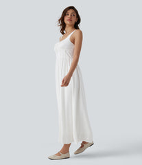 U Neck Tie Front Corset Midi Casual Linen-Feel Dress
