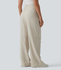 High Waisted Drawstring Stripes Linen Work Baggy Pants with Pockets
