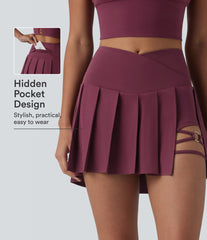Breezeful™ Crossover High Waisted Pleated 2-in-1 Asymmetric Hem Quick Dry Mini Dance Skirt with Pockets