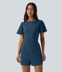 SoftlyZero™ Airy Flounce Short Sleeve Tie Back InstantCool Casual Romper with Pockets-Easy Peezy Edition