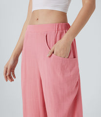 High Waisted Pocket Barrel Leg Casual Linen-Feel Pants