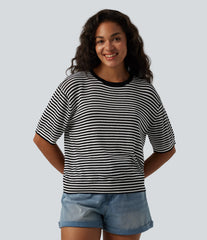 Round Neck Short Sleeve Stripe Casual Linen-Feel Sweater