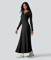 Henley Long Sleeve Flare Maxi Casual Dress