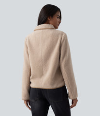 Collar Long Sleeve Casual Sherpa Jacket with Pockets