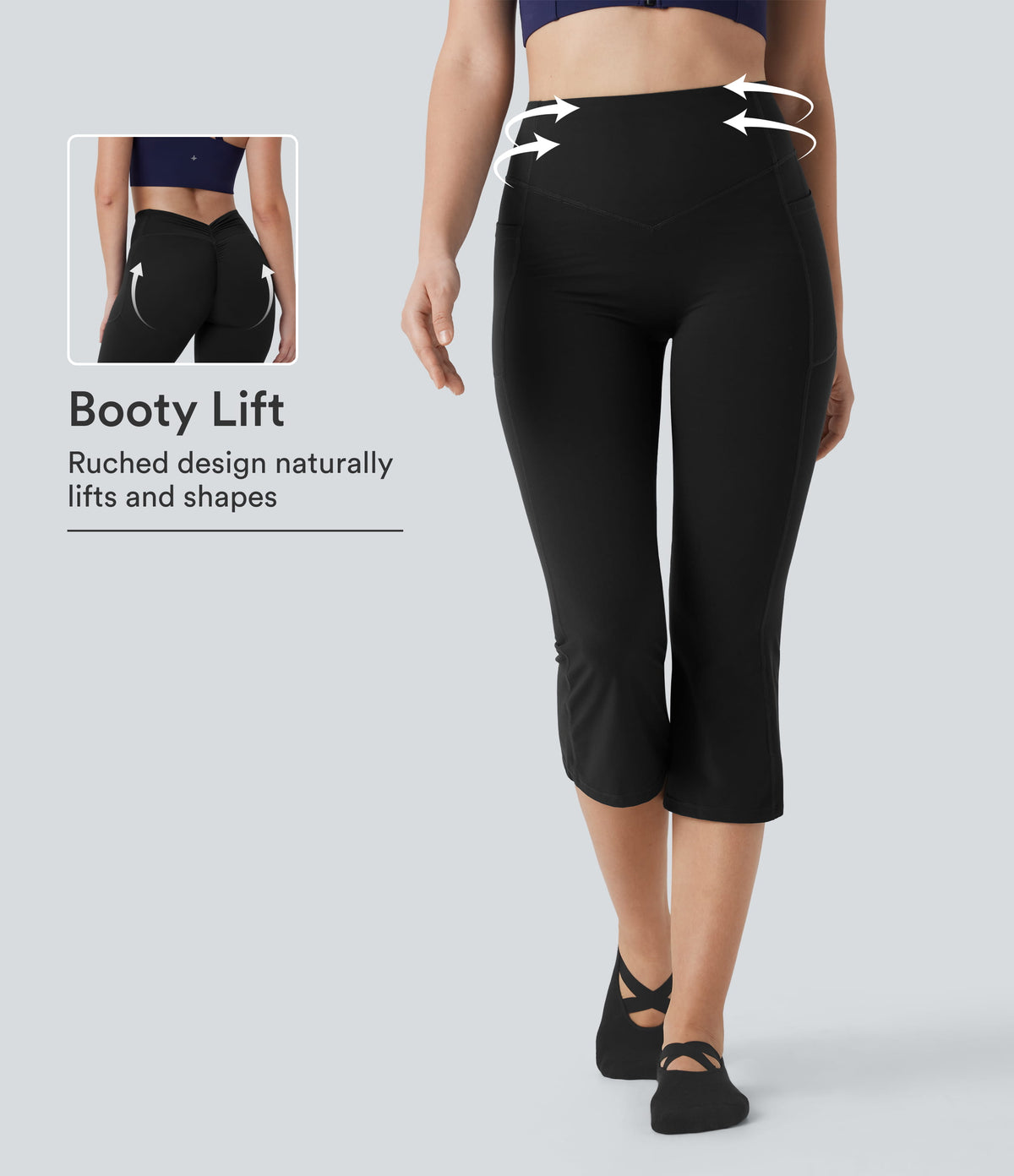 Halara UltraSculpt™ High Waisted Tummy Control Butt Lifting Ruched Capri Yoga Bootcut Leggings with Pockets