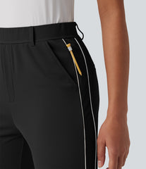 High Waisted Reflective Crepe Golf Tapered Pants-Golf Tee Pocket