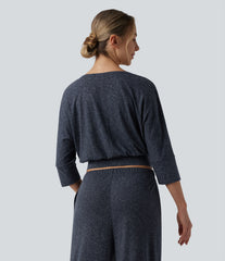 V Neck 3/4 Sleeve Casual Linen-Blend Top