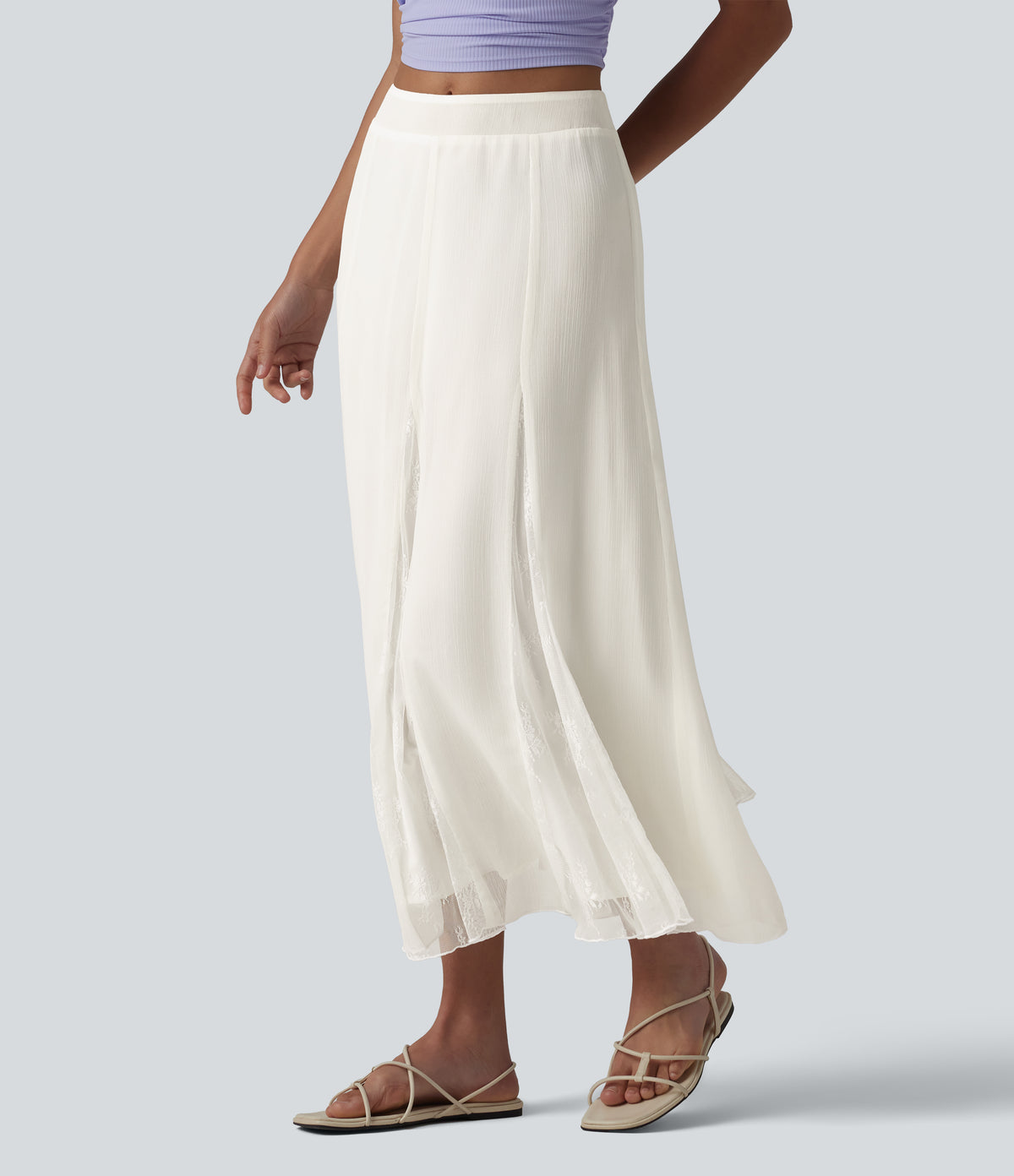 High Waisted Invisible Zipper Midi Contrast Lace Chiffon Party Flowy Skirt