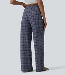 High Waisted Drawstring Plaid Crinkle Quick Dry Casual Wide Leg Pants with Zip Pockets