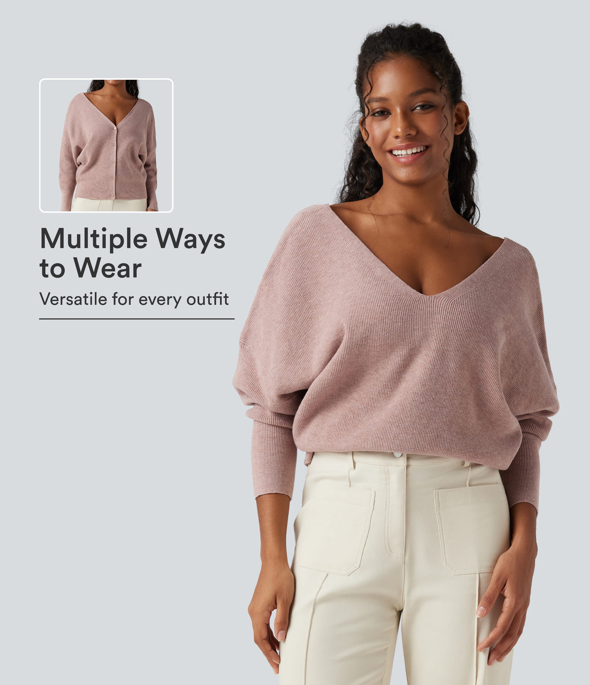 V Neck Long Sleeve Casual Sweater-Front and Back Wearable