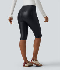 High Waisted Tummy Control Stretchy PU Casual Pedal Pushers Leggings with Pockets