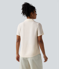 Collar Ruched Short Sleeve Curved Hem Linen-Feel Casual Shirt with Pockets