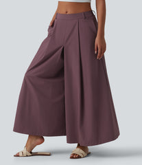 Mid Rise Pleated 7/8 Casual Culottes Pants with Pockets
