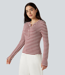 Henley Neck Long Sleeve Thumb Hole Stripe Casual T-Shirt