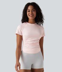Round Neck Short Sleeve Ruched Cut Out Casual T-Shirt
