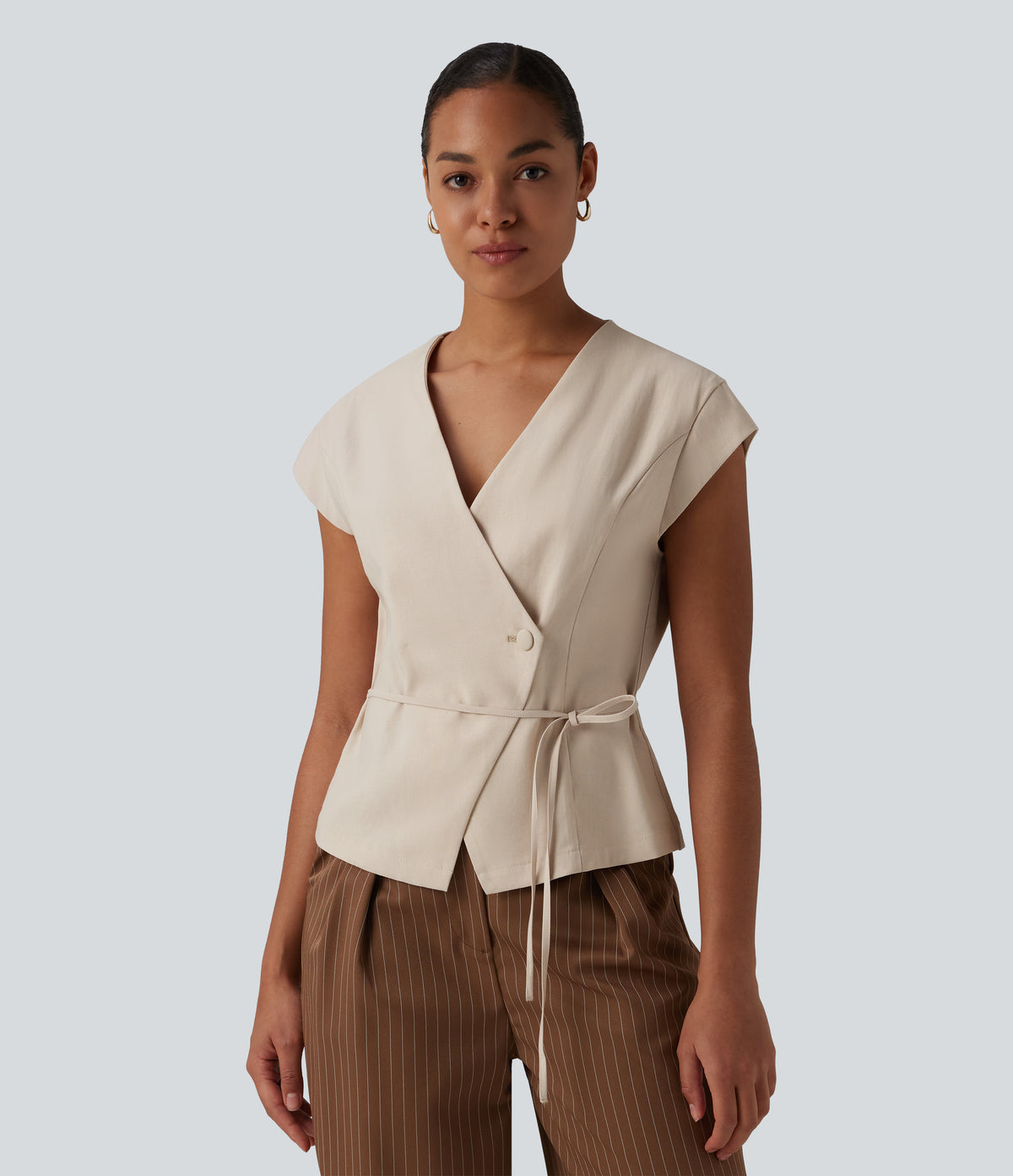 V Neck Short Sleeve Tie Front Work Linen-Feel Blouse