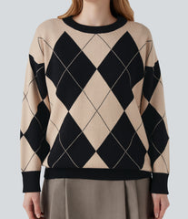 Round Neck Long Sleeve Diamond Check Work Sweater