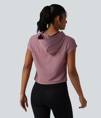 Hooded Cap Sleeve Cropped Breathable Mesh InstantCool Quick Dry Running Sports Top-UPF50+