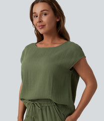 Round Neck Batwing Sleeve Casual Linen-Feel Top