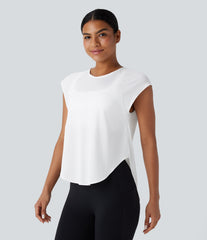 Round Neck Cap Sleeve Tie Back Curved Hem Yoga Sports Top