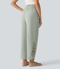 High Waisted Drawstring Wide Leg Casual Lyocell Linen-Blend Pants with Pockets