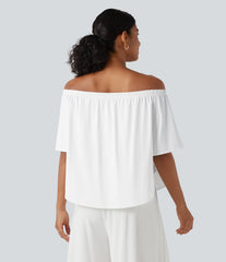 Off-shoulder Short Sleeve Split Curved Hem Built-in Bra Relaxed Casual T-Shirt