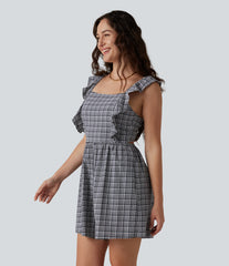 Twisted Backless Ruffle Plaid Crinkle Quick Dry Casual Romper with Pockets-Easy Peezy