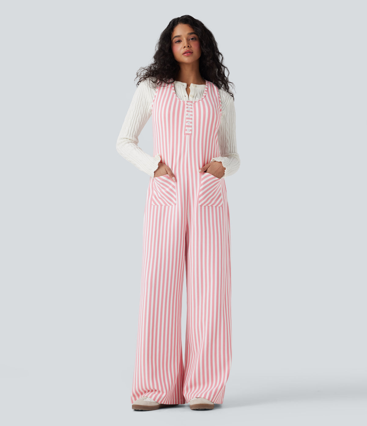 U-Neck Sleeveless Stripe Waffle Casual Jumpsuit with Pockets