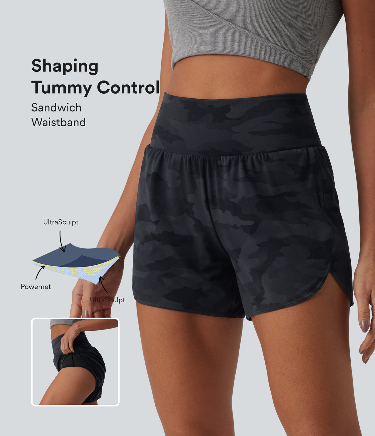 Halara UltraSculpt™ Camo Print High Waisted Tummy Control Curved Hem 2-in-1 Running Shorts 4" with Pocket